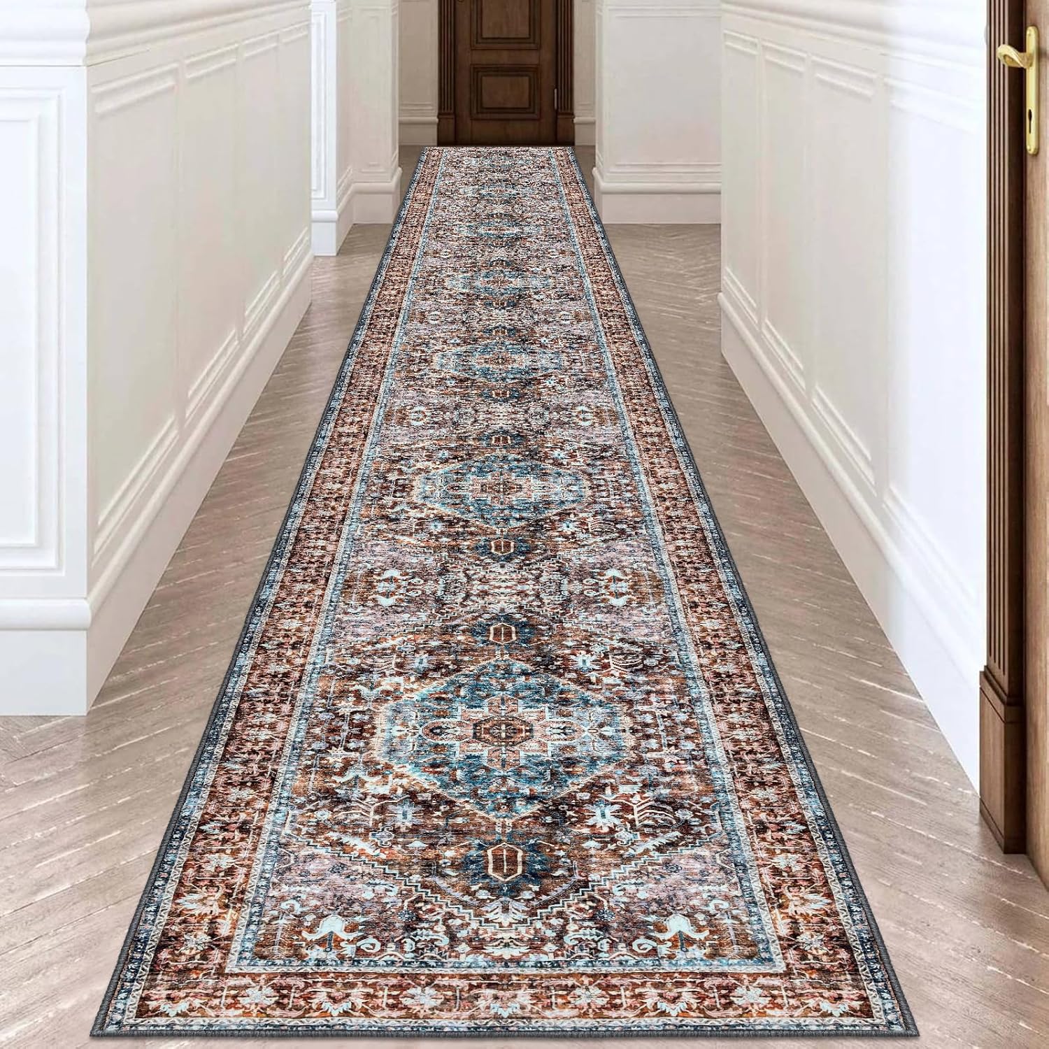 KOZYFLY Runners for Hallways 2.6x18 Ft Extra Long Washable Kitchen Runner Rug Boho Runner Rug for Entryway Indoor Brown Oriental Faux Wool Stair Runner Rug Floor Carpet Runner for Stair Kitchen Hall