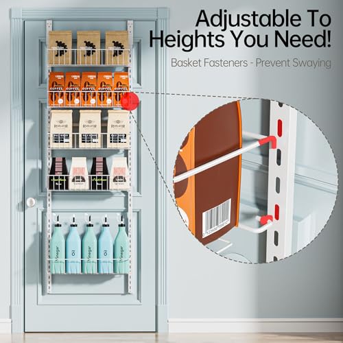 Delamu Pantry Door Organizer, Adjustable Metal Over the Door Pantry Organizer Rack, 6-Tier Over the Door Spice Rack, Kitchen Pantry Door Organizers and Storage, D5 W12 H52.1 inch, White