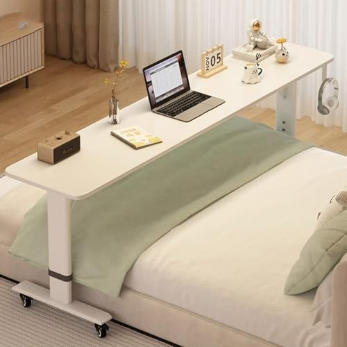 Overbed Table Wheels Overbed Table with 360° Wheels, Rolling Bed Table, Queen Size Mobile Bed Desk, Rolling Standing Desk, Laptop Cart, Rolling Bed Bar Table, for Home and, 1.5m/59in, White