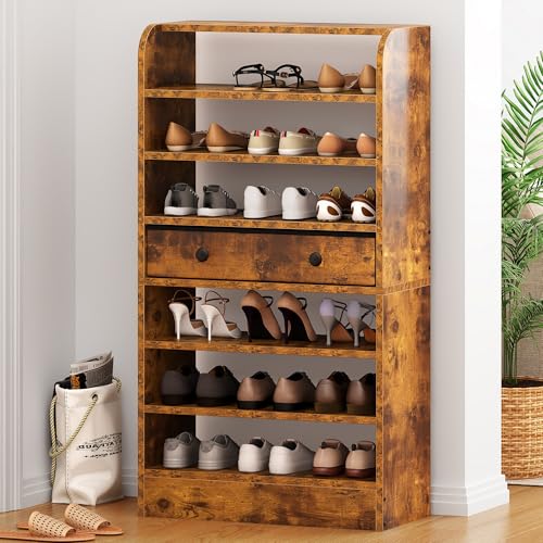 sogesfurniture 7-Tier Wooden Shoe Storage Cabinet with Non-Woven Fabric Drawers, Tall Shoe Shelf Organizer, Space-Saving Shoe Rack for Entryway, Hallway, Closet, Black
