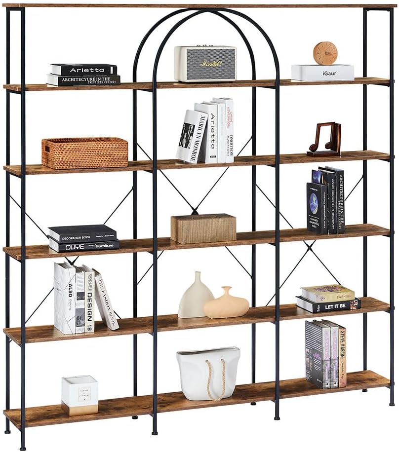 Bookshelf and Bookcases,Vintage Industrial Style Bookshelf Floor Standing 6 Tier Home Office Open Bookshelf with Metal Frame and MDF Board Display Storage Shelf for Living Room, Home Office