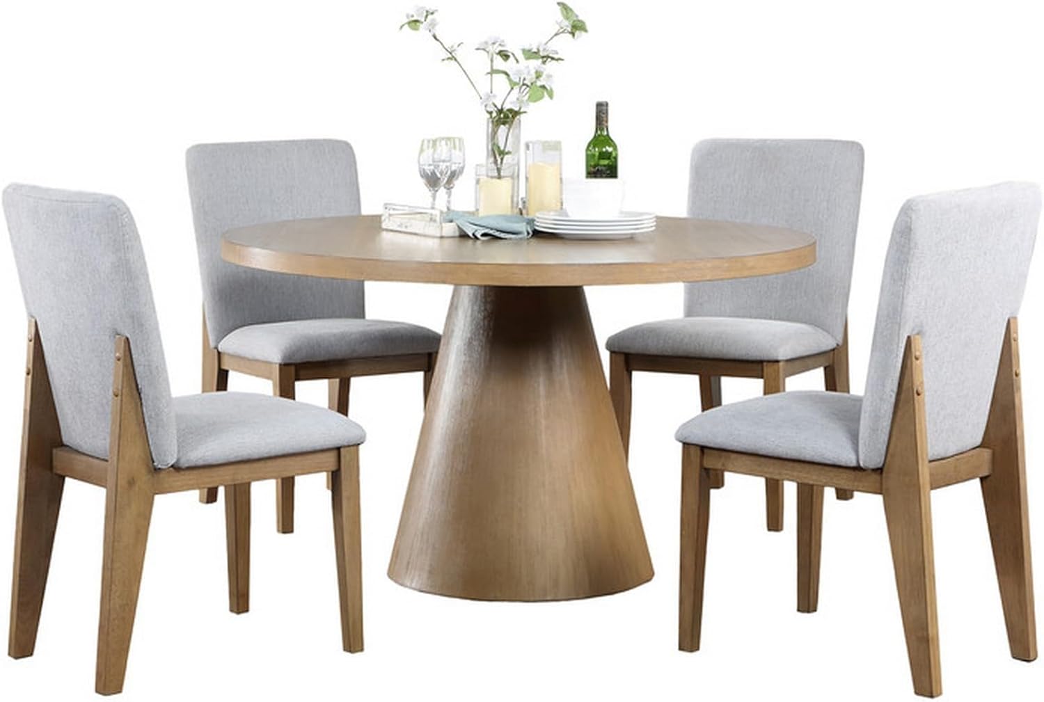 Benjara Deli 5 Piece Round Dining Set, 4 Seater Table, Linen Chairs, Gray and Brown