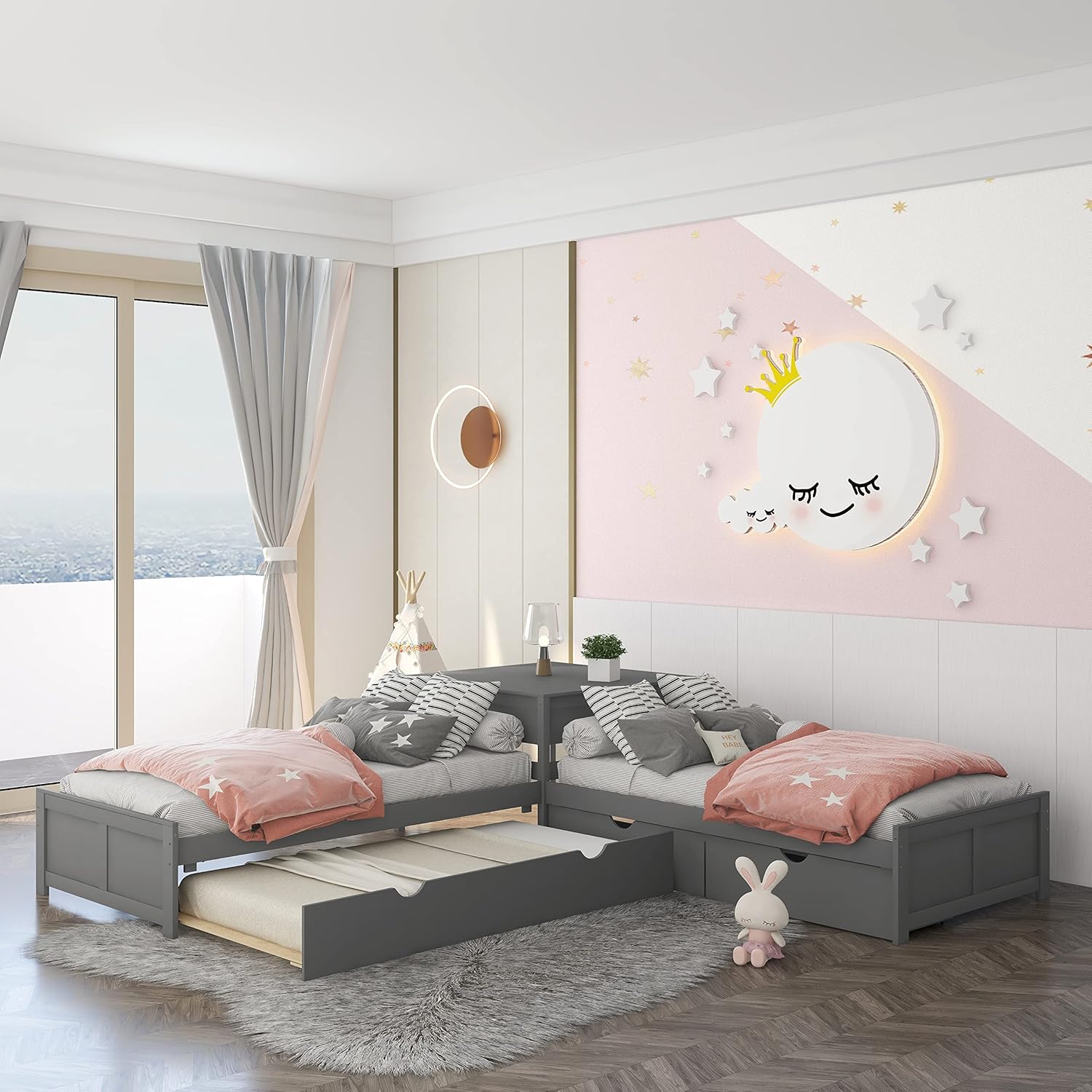 Harper & Bright Designs L-Shaped Corner Platform Beds with Trundle, Wood Twin Size Bed with 2 Drawers, Built-in Table for Family Kids Teens Bedroom Furniture, Grey