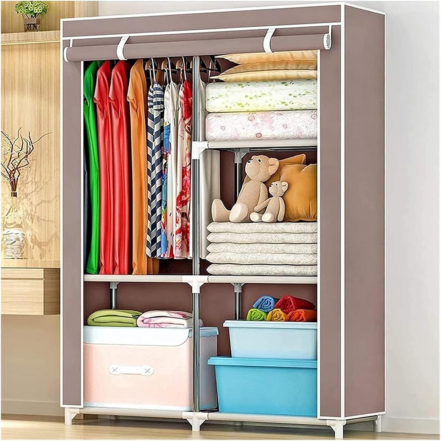 Portable Closets Portable Wardrobe Cloth Wardrobe Wardrobe Bedroom Small Thickened Bedroom Dormitory Household Single Clothes Storage Cabinet Rental Room Simple Fabric,D Portable Cloth Hanger