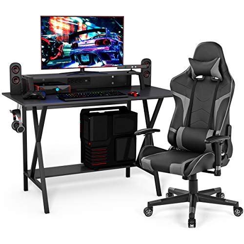 Tangkula Gaming Desk and Chair Set, Ergonomic E-Sport Gamer Desk & Racing Chair Set w/Cup Holder, Monitor Stand, Earphone Hook, Massage & Headrest, Home Office Computer Desk Chair Set (Blue)