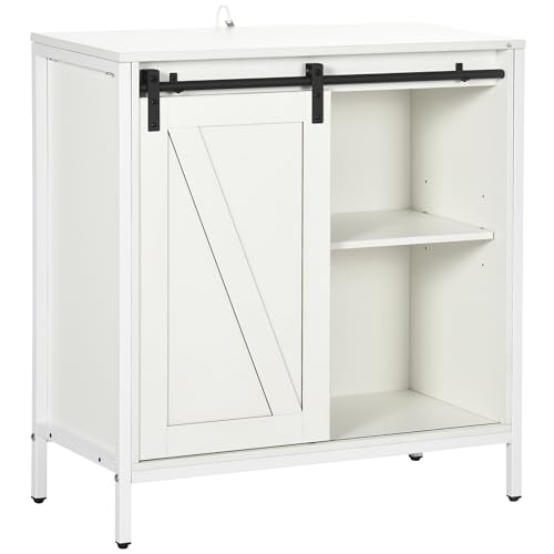 HOMCOM Farmhouse Sideboard Buffet Cabinet, Coffee Bar Cabinet with Sliding Barn Door and Adjustable Shelf, Kitchen Storage Cabinet with Metal Frame, White