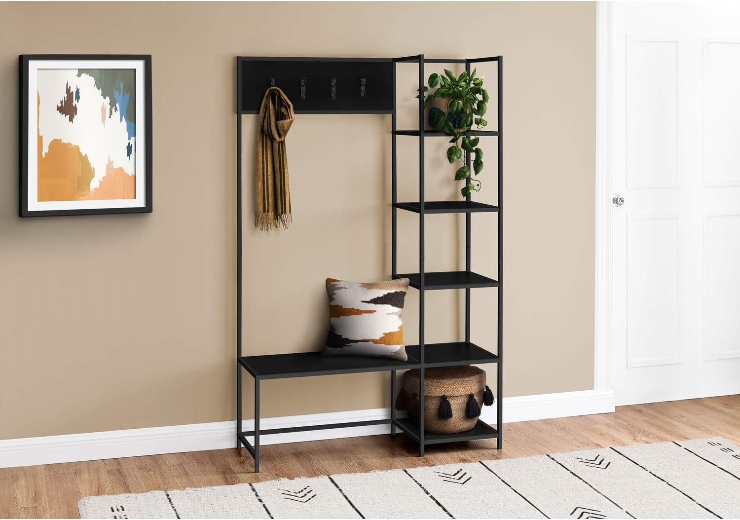 Monarch Specialties I 4510 Bench, Entryway, Hallway, Storage, Organizer, Coat Rack, Hall Tree, Metal, Laminate, Black, Contemporary, Modern