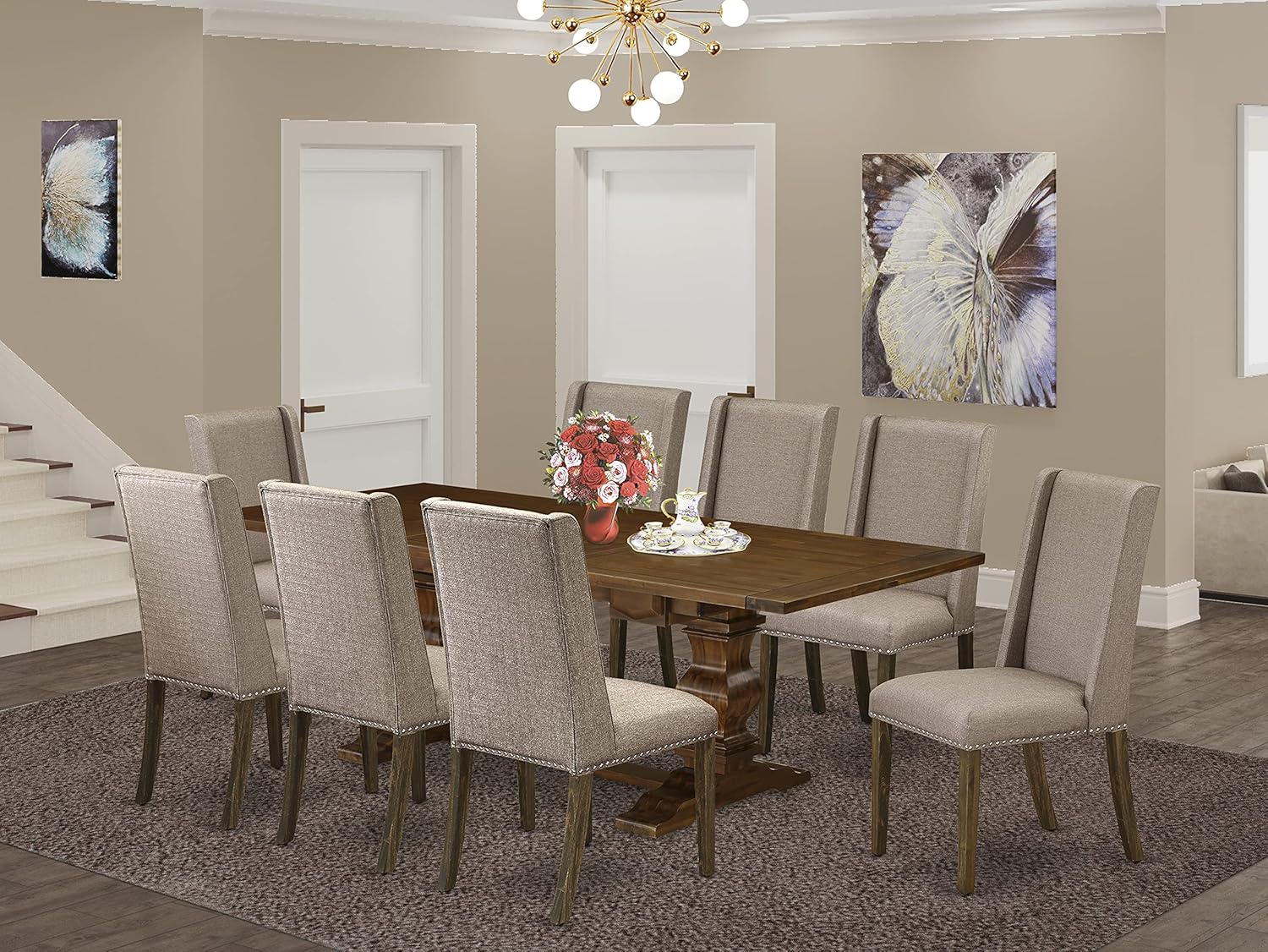 East West Furniture LAFL9-87-16 9 Piece Dining Table Set Includes a Rectangle Dining Room Table with Butterfly Leaf and 8 Dark Khaki Linen Fabric Parsons Chairs, 42x92 Inch, Walnut