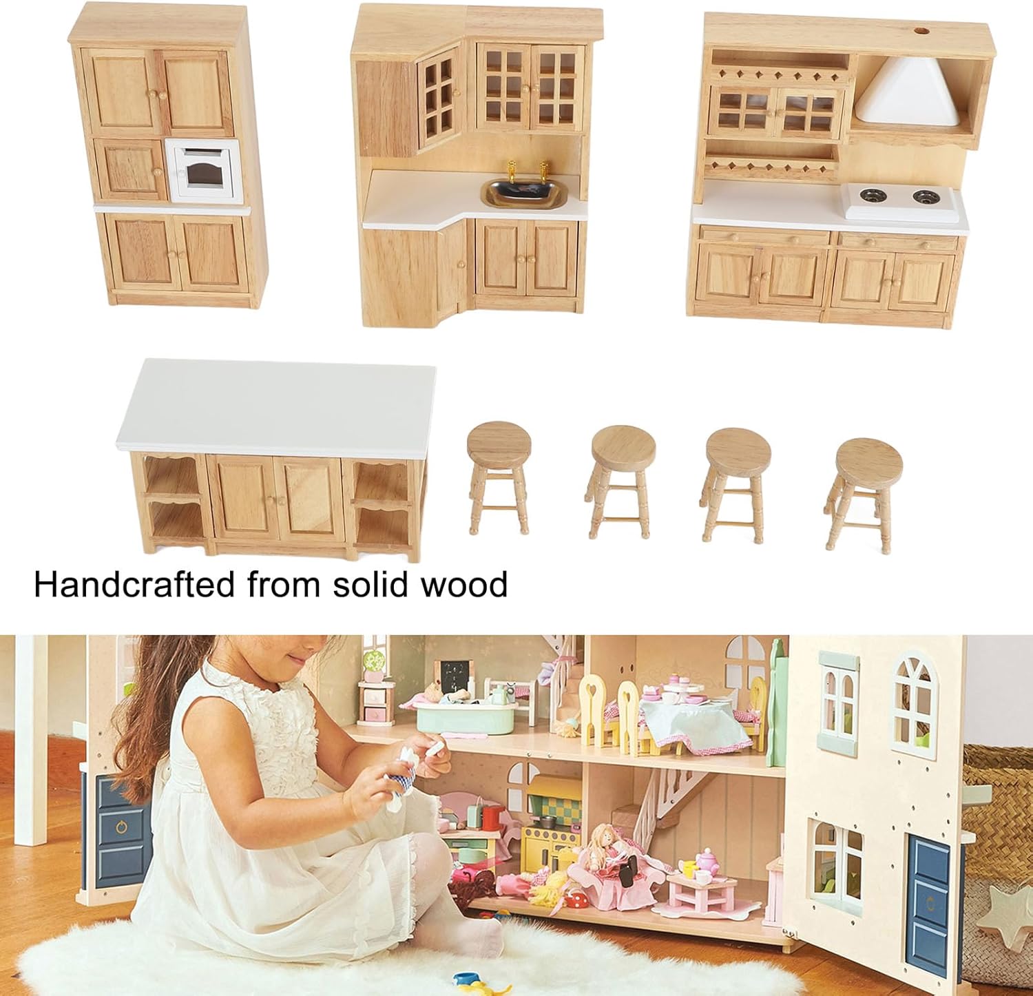 Miniature Dollhouse Kitchen Cabinet Furniture Set, Birch Wood Material, Provides Play Experience