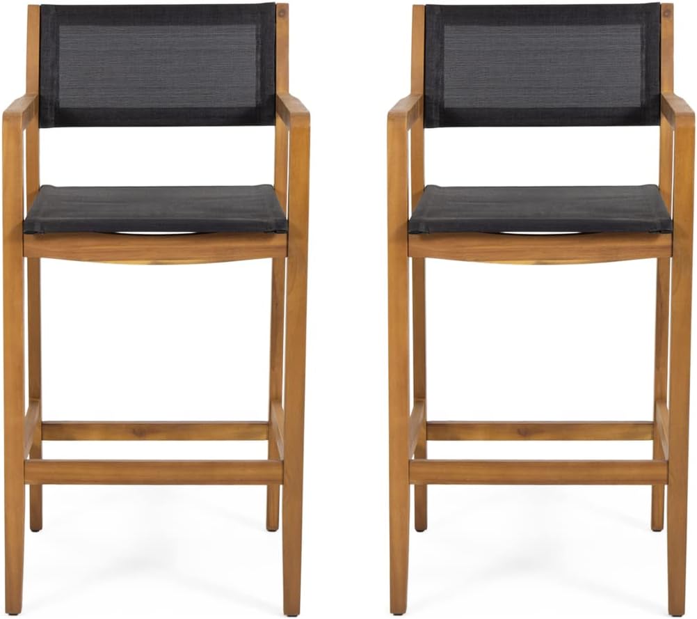 Christopher Knight Home Calista Acacia Wood Barstools with Outdoor Mesh (Set of 2), Teak and Black