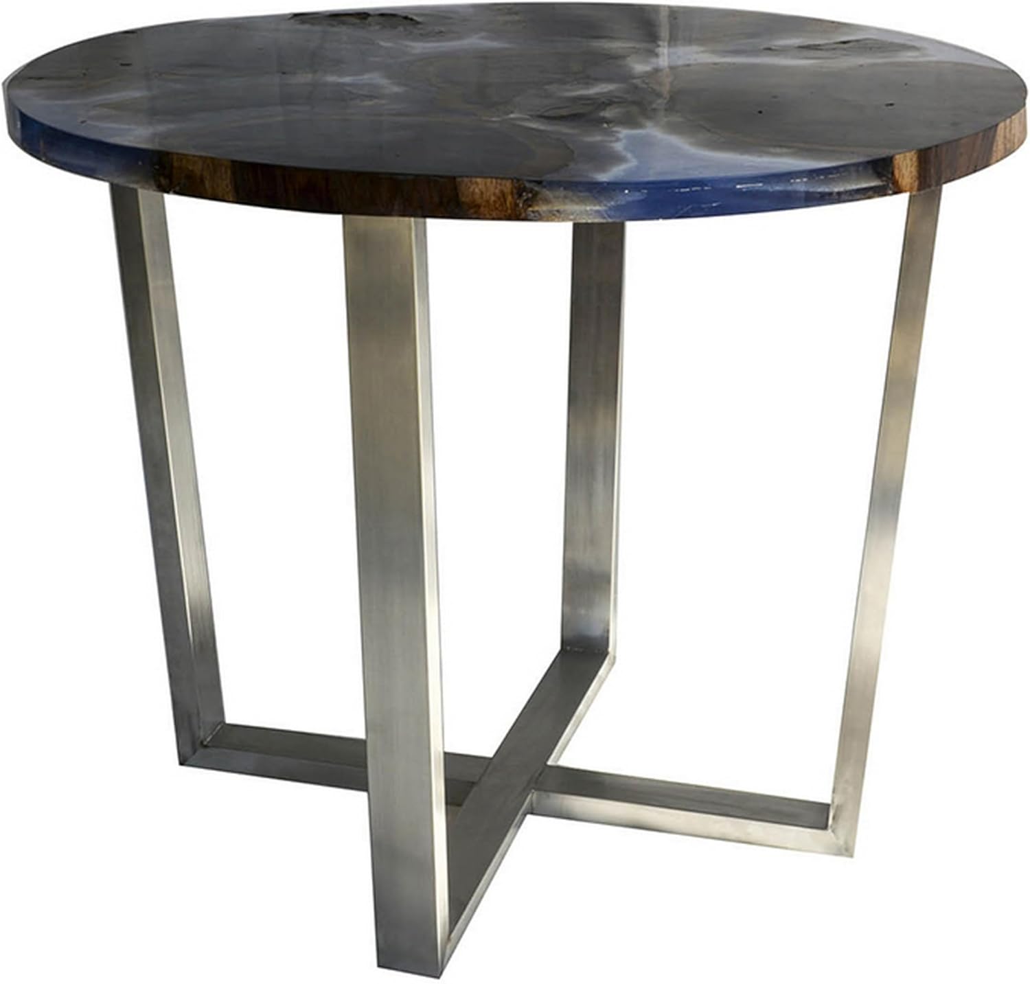 Benjara 36 Inch Coffee Table, Round Resin Top, Sonokeling Wood Frame, Blue, Gray and Chrome