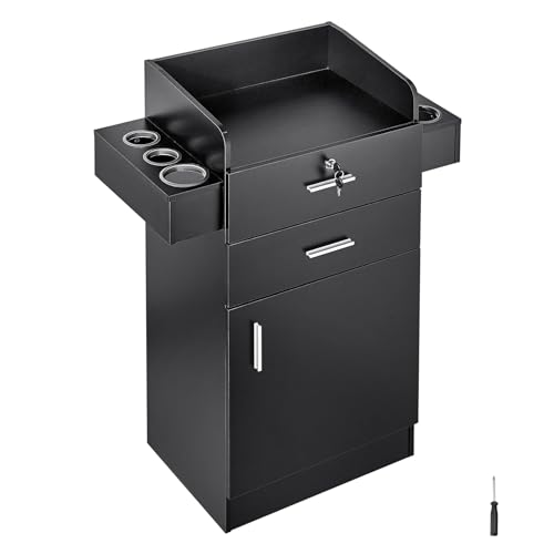 VEVOR Salon Storage Cabinet, Wall Mounted Barber Salon Station for Hair Styling, with 3 Sleeves, A Mirror, Double-Door Cabinet, and A Drawer, Black