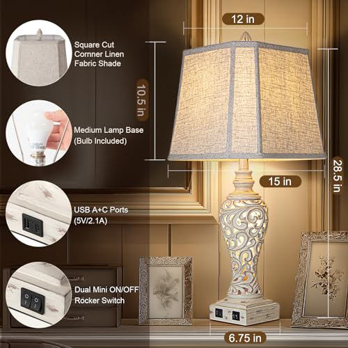 32'' Tall Rustic Vintage Table Lamps Set of 2 with Night Lights - Bedside Lamp with Faux Silk Shades for Bedroom and Living Room with 2 USB Charging Ports,Rustic Lamps for Living Room(Bulb Included)