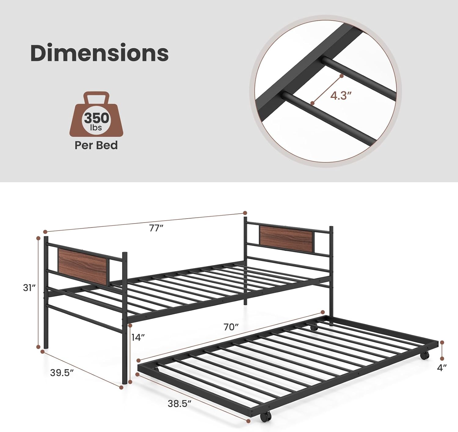 Daybed with Trundle, Metal Twin Bed Frame & Roll Out Trundle with Heavy Duty Slat Support, 4 Lockable Casters, Space-Saving Sofa Bed Frame for Living Room, Bedroom, Guest Room - Black