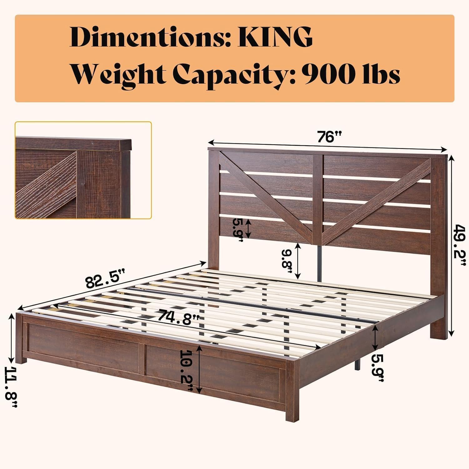King Size Farmhouse Bed Frame with 49.2