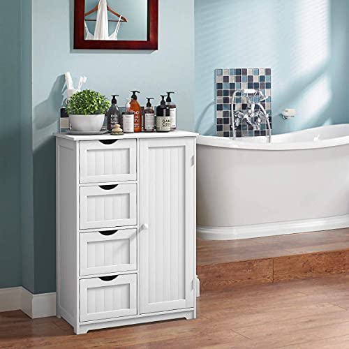 Bathroom Floor, 22” x 12” x 32” Wooden Cupboard w/1 Door & 4 Drawers, Freestanding Side Organizer Storage Cabinets, Coffee