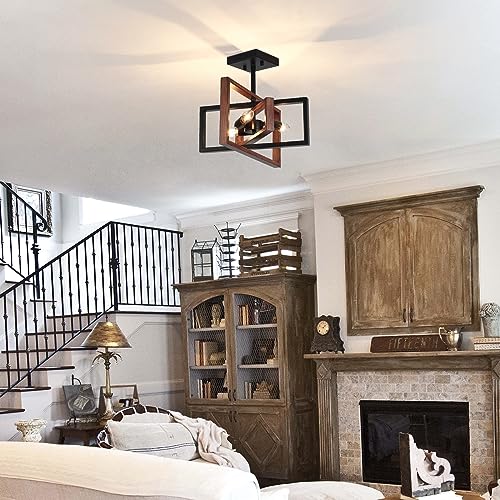 3-Lights Industrial Rectangle Semi Flush Mount Light Fixture,Black Vintage Ceiling Light Fixtures with Metal Square Frame Modern Chandelier for Kitchen Living Room Bedroom Hallway Entryway
