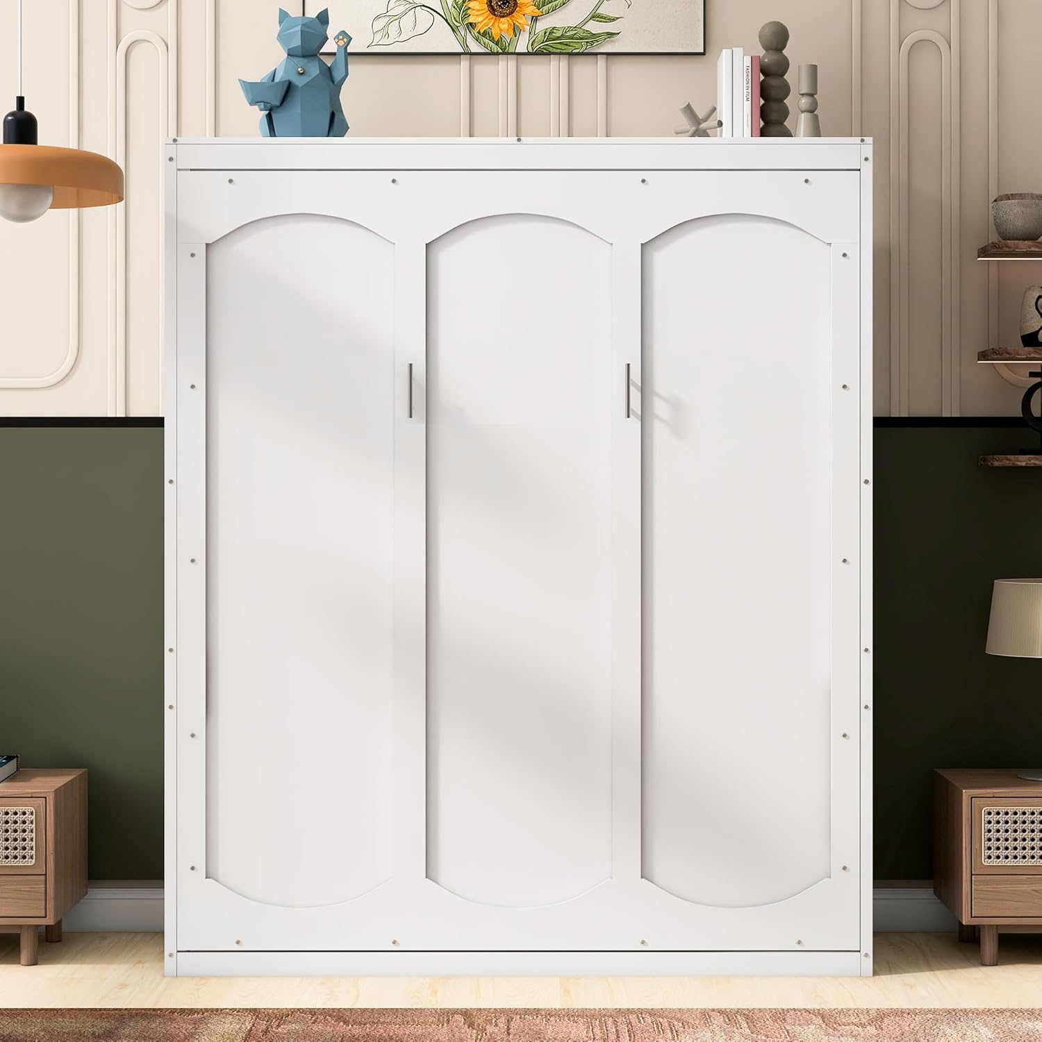 Multi-Functional Night & Day Furniture Murphy Cabinet Bed, Queen Size Murphy Bed Wall Bed with Shelves, Mobile Cabinet Bed Murphy Chest Bed, Space-Saving Folding Murphy Bed(White)