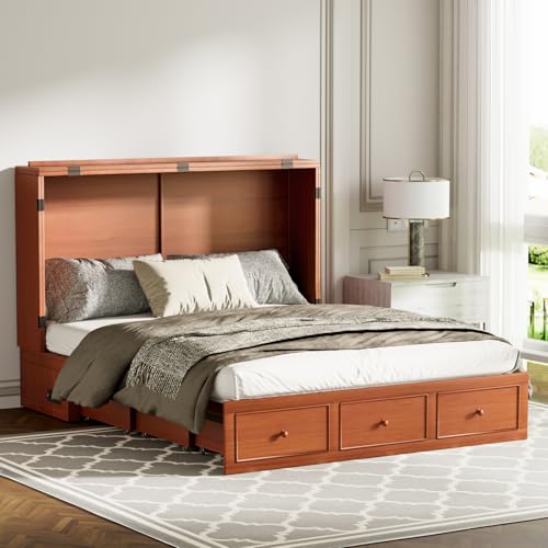 Queen Murphy Bed, Murphy Bed Cabinet with USB Charging Ports, Bottom Storage Drawers, Hidden Murphy Bed with Mattress Included, Wall Bed for Bedroom, Guest Room
