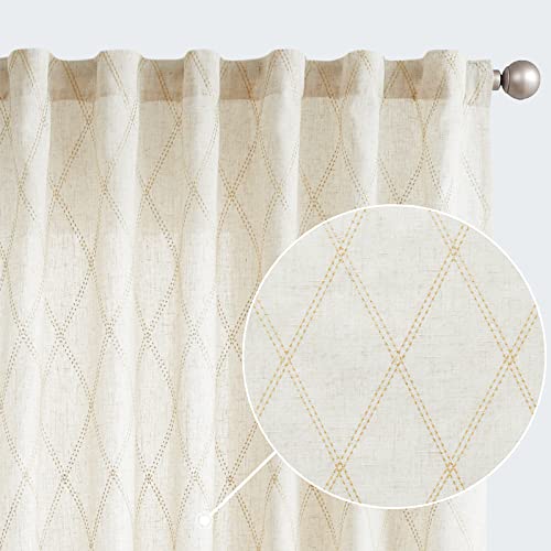 jinchan Linen Curtains for Living Room Beige Diamond Embroidered Curtains Geometric Patterned Window Drapes Flax Window Treatment Set for Bedroom Grommet Curtains 95 Inches Long 2 Panels Beige
