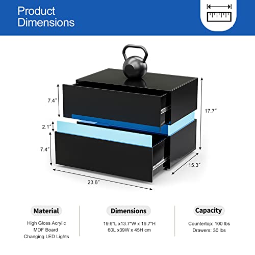 LED Nightstands Set of 2, Bedside Table with LED Lights, Modern Night Stand with High Gloss Drawers, Side Table for Bedroom Living Room