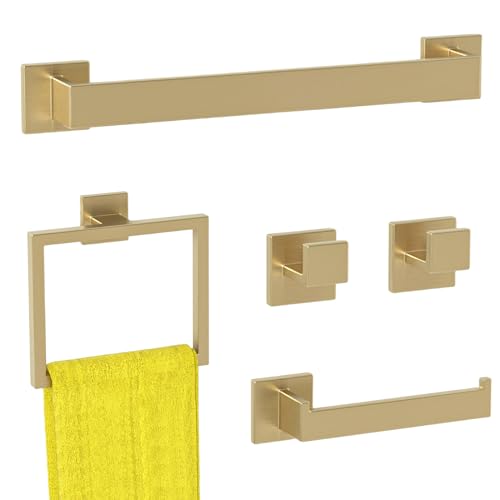 Bathroom Accessory Towel Bar Set: 5 Pieces Gold Bathroom Hardware Square SUS304 Stainless Steel - Wall Mounted Towel Rack&Toilet Paper Holder&Towel Ring and Towel Hook