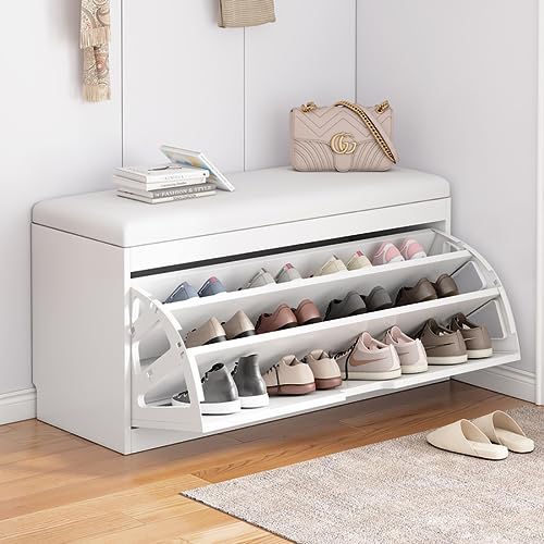 Shoe Bench, Bench with Shoe Storage,Lift Top Entryway Bench with Removable Cushion, Wood Shoe Rack with Shoe Storage Drawer and Doors for Entryway, Mudroom, Hallway, Closet and Garage (Color : White