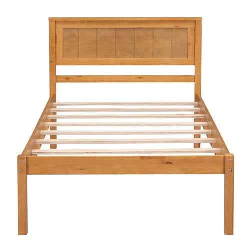 Twin Size Mid Century Wood Platform Bed, with Headboard, Pine Bedframe w/Solid Wooden Foundation, Slat Support, No Box Spring Needed for Bedroom Gusetroom Apartment