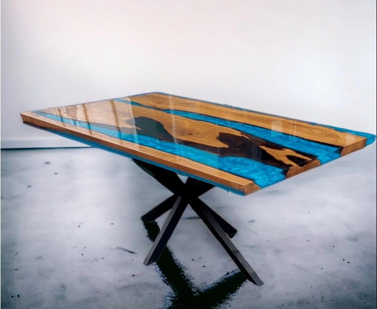 TUZECH Unique Wood Resin Epoxy Classic Blue River Look with Wave Table Coastal table Top Dining Table Coffee Table Side/End Table Home Décor (without Stand, 48 x 24 Inches)