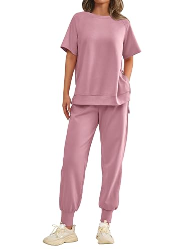 MASCOMODA 2 Piece Outfits for Women 2024 Summer Crewneck Short Sleeve Tops Long Sweatpant Casual Tracksuit Jogger Lounge Sets