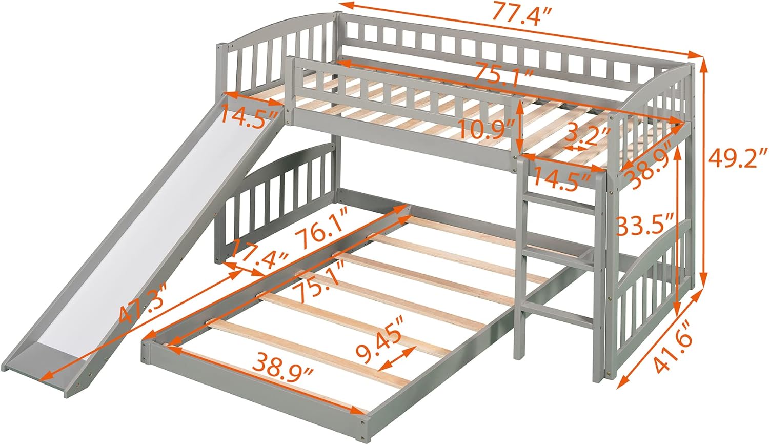Harper & Bright Designs Low Bunk Bed Twin Over Twin, Wood Floor Bunk Bed with Slide and Ladder, L-shape Bunk Bed for Kids Toddlers Teens Boys & Girls (Gray)