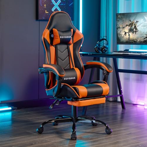 Game Chair Pu Leather Computer Desk Chair, Ergonomic Gaming Chair with Footrest and Massage Video Game Chairs, Adjustable High Back Office Chair Swivel Gaming Recliner for Adults