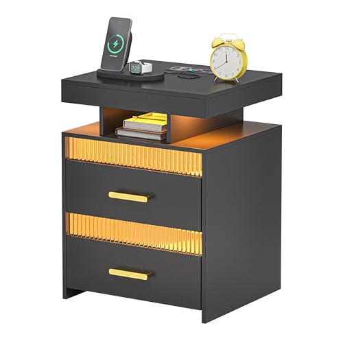 Nightstand,Bedside Table with Wireless Charging Station and LED Lights, Modern Bedside Table with 24 Color LED Lights,3 Drawers,Open Compartment
