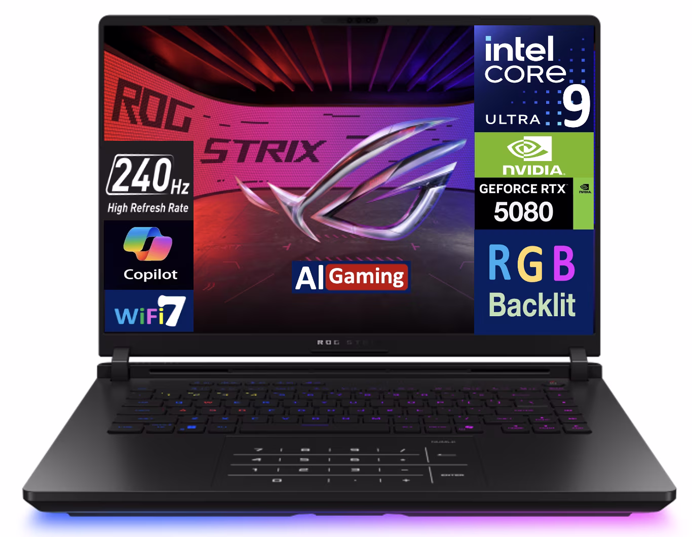 ASUS ROG Strix AI Gaming Laptop 16.0in 240Hz Mini LED WQXGA Display (Intel Ultra 9- 275HX, GeForce RTX 5080 16GB, 32GB DDR5, 8TB PCIe SSD, RGB KB, 2 Thunderbolt 5, WiFi 7, Webcam, Win 11 Pro)