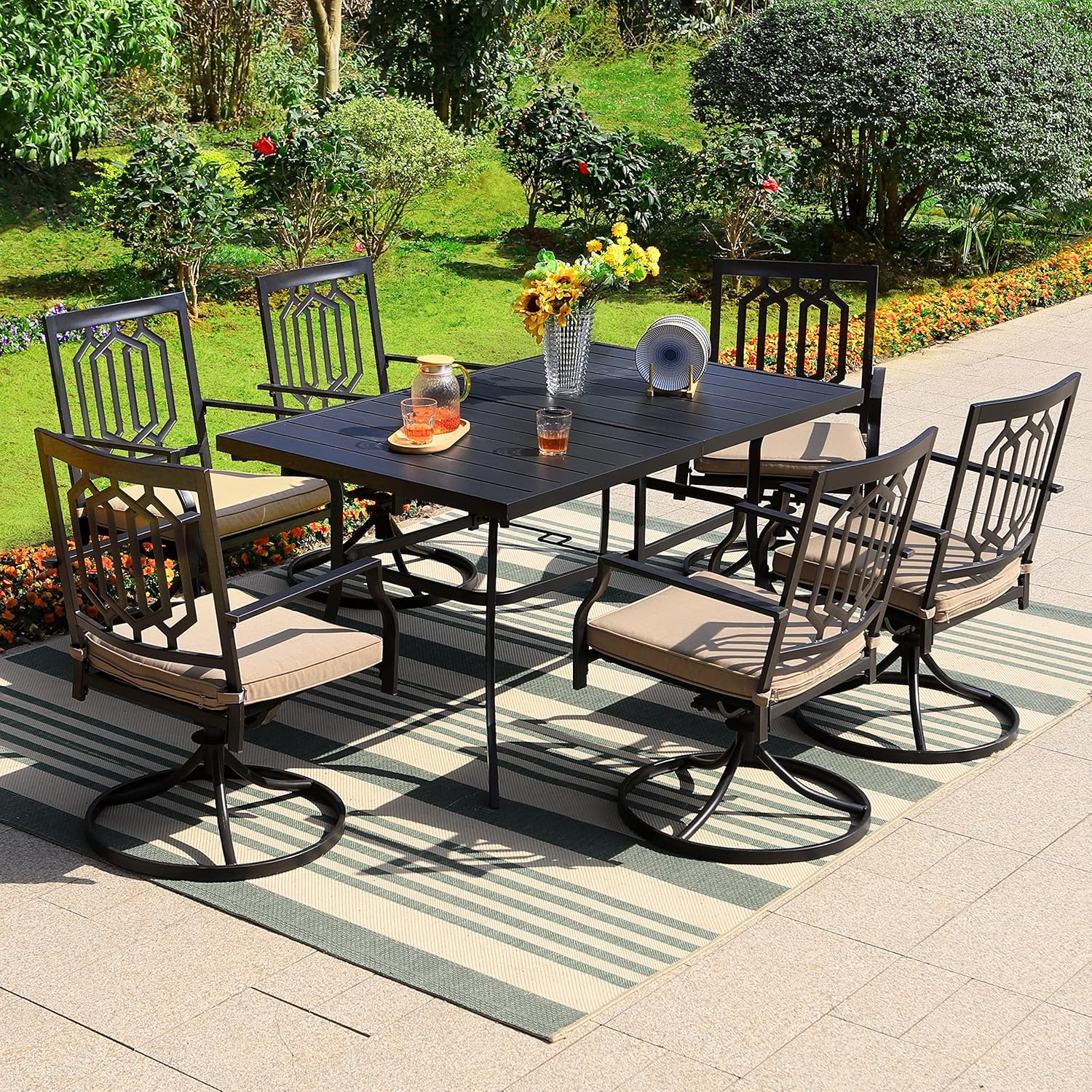 PHI VILLA Patio Dining Set 7 Pcs 1 Metal Umbrella Hole Table and 6 Swivel Chairs Support 300 lbs for Outdoor Backyard Bistro Furniture Set with Cushion