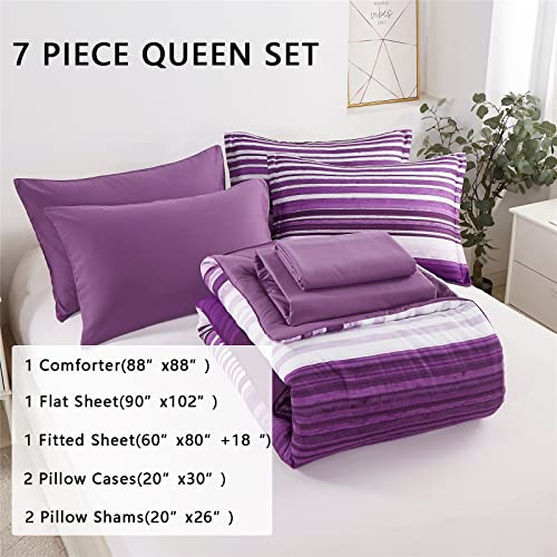 KAKIJUMN 7 Piece Bed in a Bag Stripe Comforter Set Full Size, White and Purple Patchwork Striped Comforter and Sheet Set, All Season Soft Microfiber Complete Bedding Sets(Purple,Full)