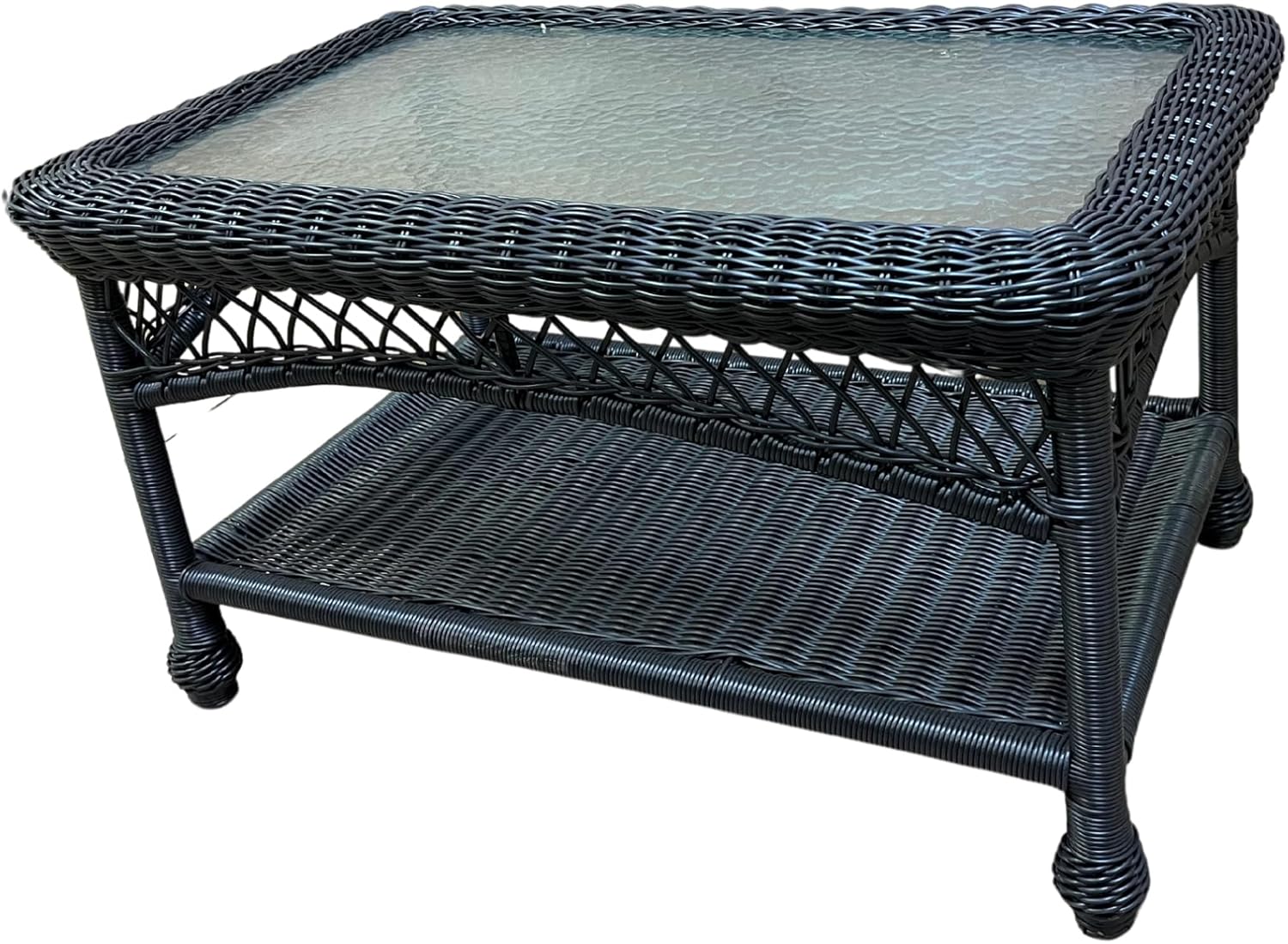 Outdoor Wicker Rectangular Patio Coffee Table in Black Rattan: Cape Cod Style Resin Aluminum Framed Cocktail Table for Patio, Porch