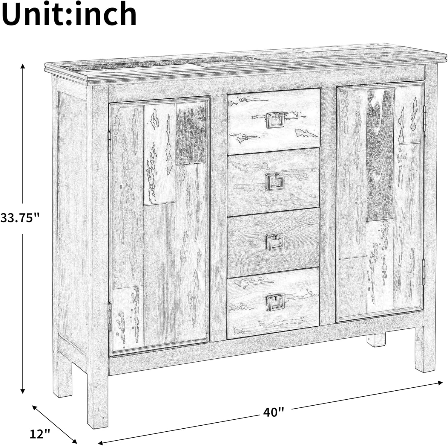4 Drawer 2 Door Storage Cabinet with Antique Distressed Design, Elegant Antique Brass Handles, Sturdy Birch Wood Legs for Entrance Living Room Dining Room Kitchen