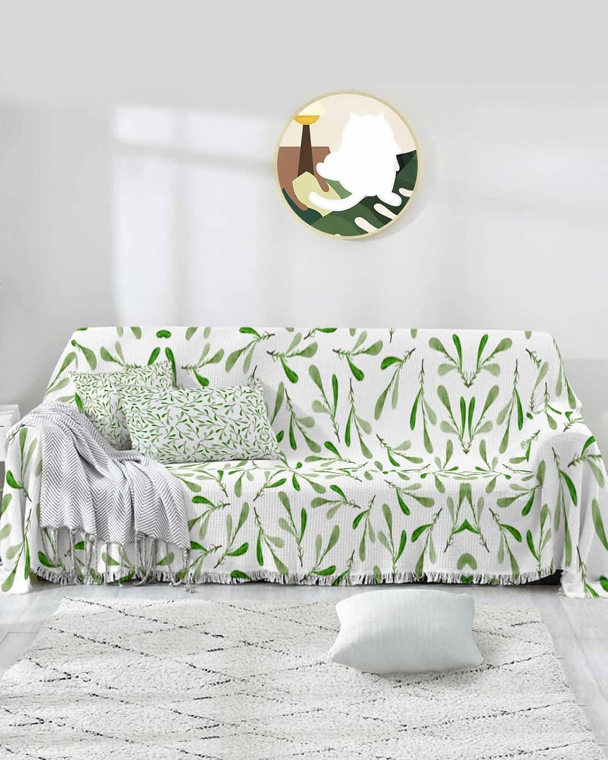 Leaf Green Sofa Cover Couch Covers for 3 Cushion Couch Throw Couch Cover with Tassel Soft Sofa Slipcover Abstract Leaf Plants Texture White Couch Furniture Protector for Dog Pet 71