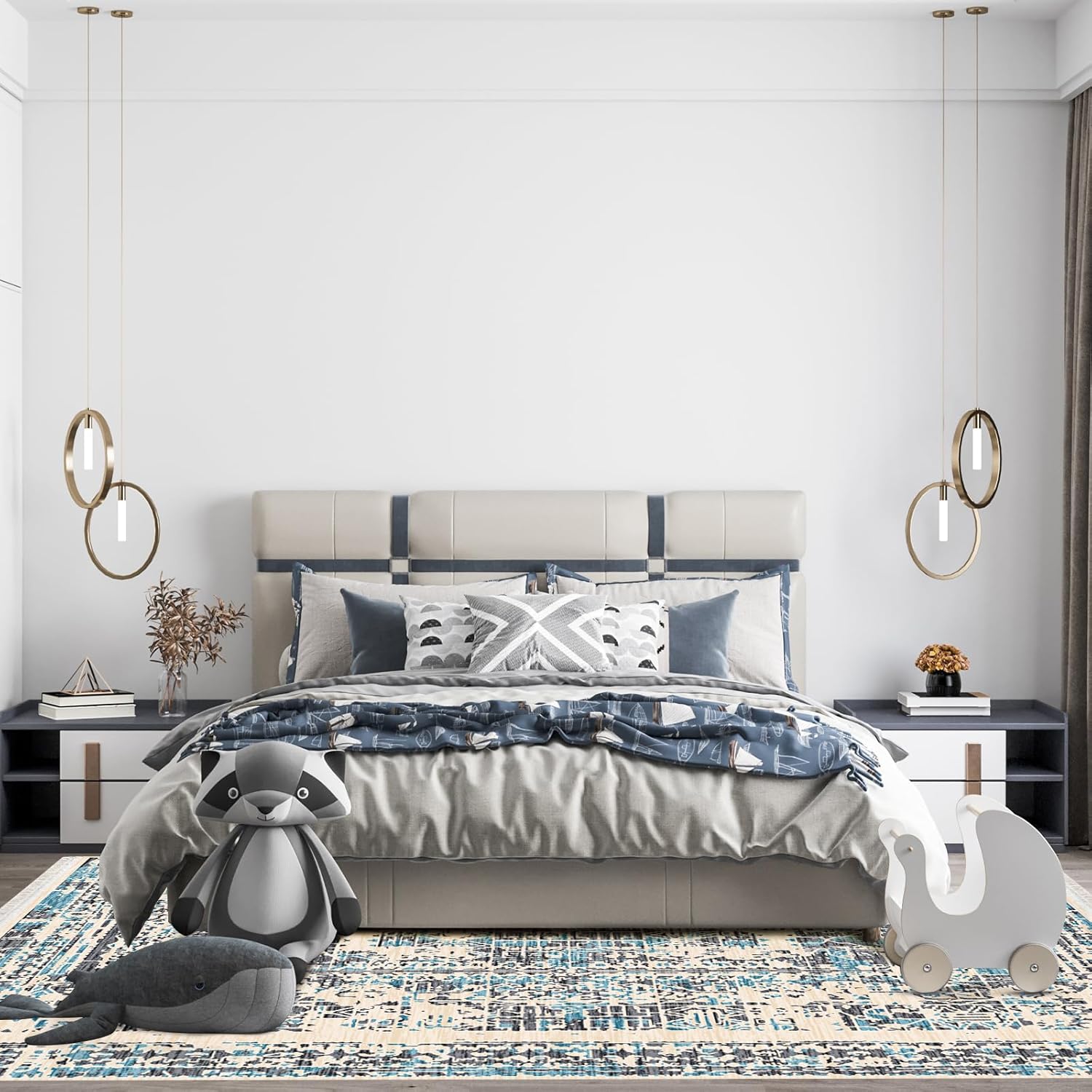 Large Area Floor Rug for Living Room Bedroom Soft Thick No Shedding Non Slip Washable Big Floor Carpet Farmhouse Rustic Antique Vintage Blue Kid Nursery Decor Teen Boy Home Decoration 4x6