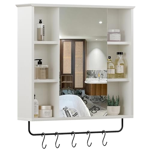 ChooChoo Medicine Cabinet with Mirror, Wall Mounted Bathroom Storage Cabinet with Mirror Door, Removable Shelves and 6 Open Shelves, Grey