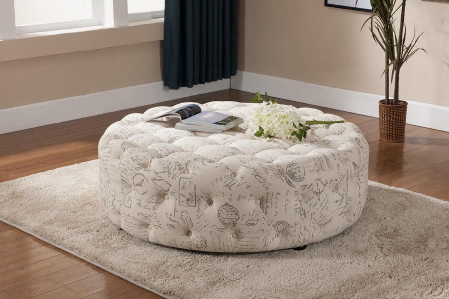 Baxton Studio Cardiff Script Print Modern Tufted Ottoman, Beige
