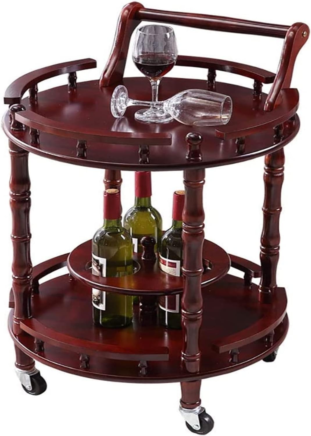 Rolling Serving Bar Cart Patio Kitchen for Party Serving Cart Island Cart Solid Wood Home Commercial 2-Tier Rolling Island Cart W/Wheels Handle Bottle Holder Guard Rails