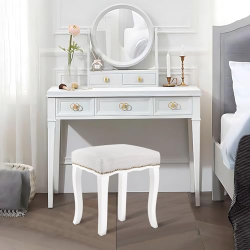 Vanity Stool with Cabriole Legs,Makeup Dressing Stool,Burnished Natural Oak Wood with Nail Head Trim (White)