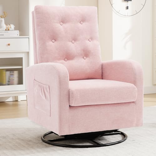 Swivel Rocking Chair Nursery - Glider Modern Accent Chairs Upholstered Linen Rocker Padded Armchair for Indoor Living Room Bedroom Dark Grey