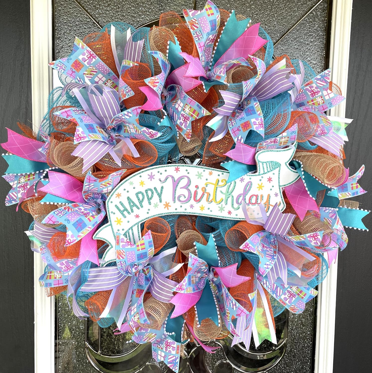 Beautiful Happy Birthday Glitter Sign Wreath Present Gift Ribbon Deco Mesh Front Door Wreath Home Holiday Decor Fun Festive Indoor Outdoor, Porch Patio Decoration