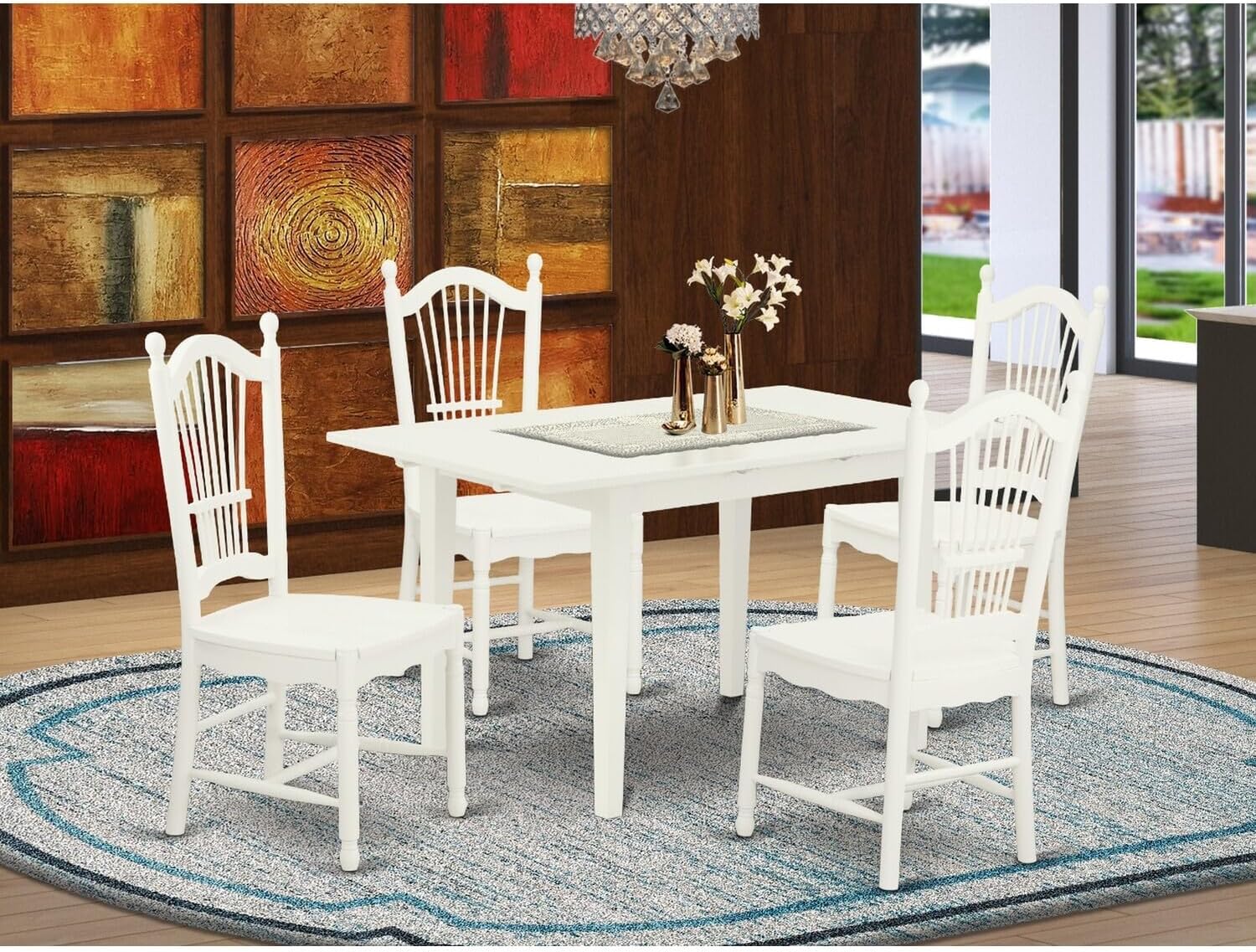 French Country 5-Piece Kitchen Table Set 4 Dining Chairs with Slatted Back and A Wooden Seat and Butterfly Leaf Wood Dining Table with Rectangular Top and 4 Legs- Linen White Finish