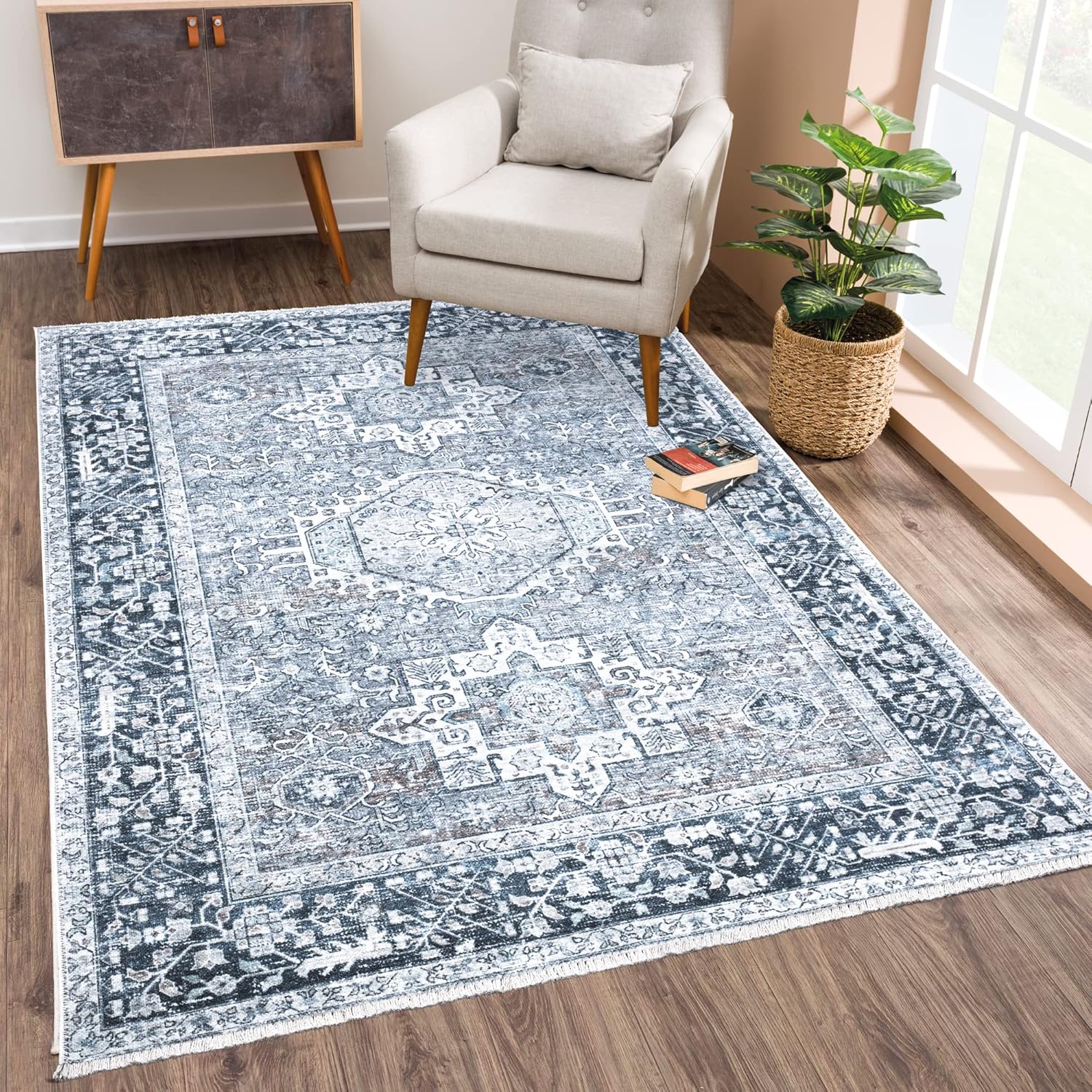 Bloom Rugs Caria Washable Non-Slip 8x10 Rug - Navy Blue Traditional Area Rug for Living Room, Bedroom, Dining Room, and Kitchen - Exact size: 7'8