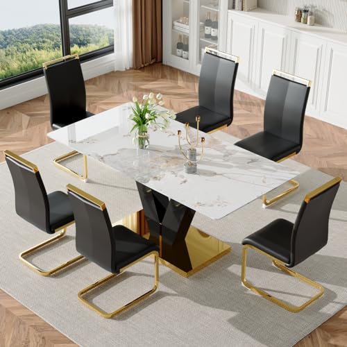 Dining Table Set for 6,Modern Marble Dining Table Set,71'' Rectangular Glass Dinner Table and 6 Black PU Chairs,Gold Dining Table and Chairs Set, Ideal for Dining Room Kitchen