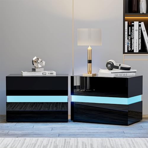 LED Nightstands Set of 2, Bedside Table with LED Lights, Modern Night Stand with High Gloss Drawers, Side Table for Bedroom Living Room